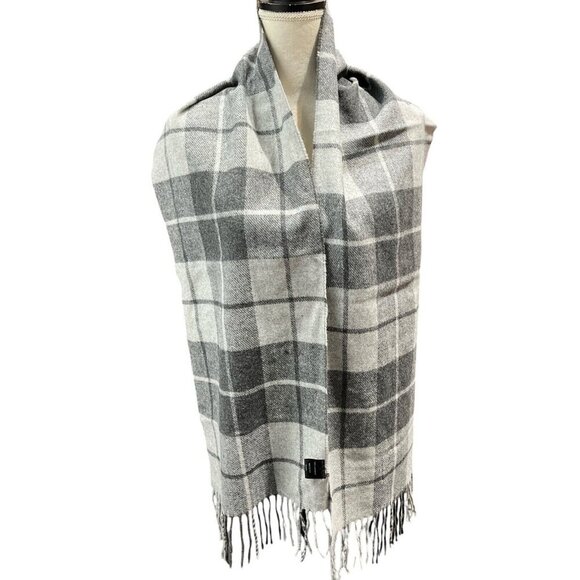 Italian Woolen Treasures Lambswool Scarf Gray Plaid Fringe Old Money Preppy - Picture 1 of 5